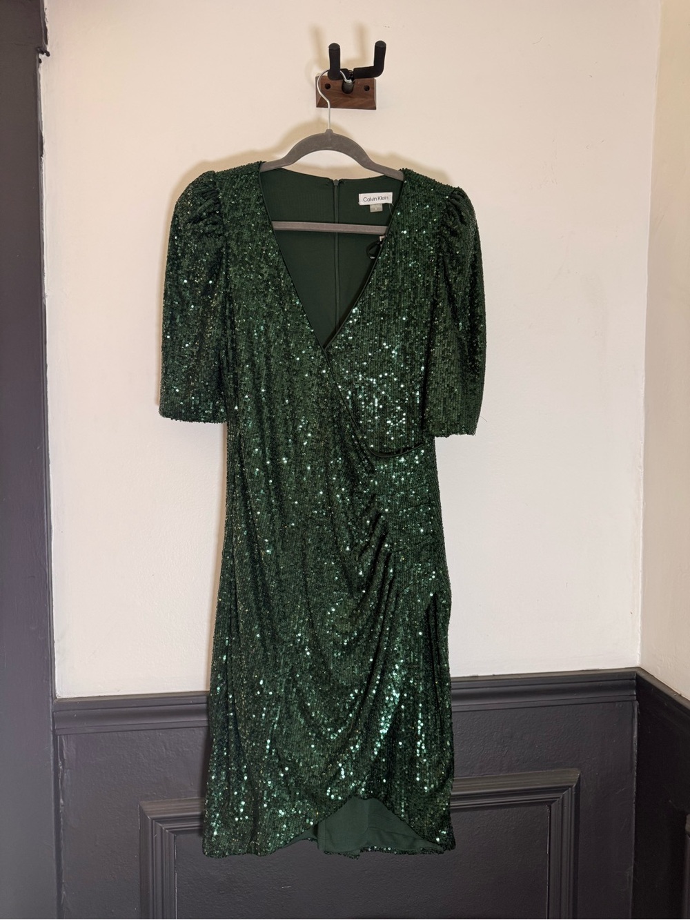 Calvin Klein Dark Green Sequin Wrap-Style Mini Dress